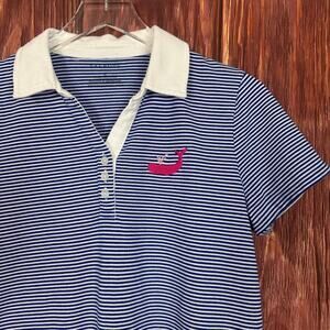 Talbots Blue Stripe Polo Shirt‎ Embroidered Whale Short Sleeve Size Medium M